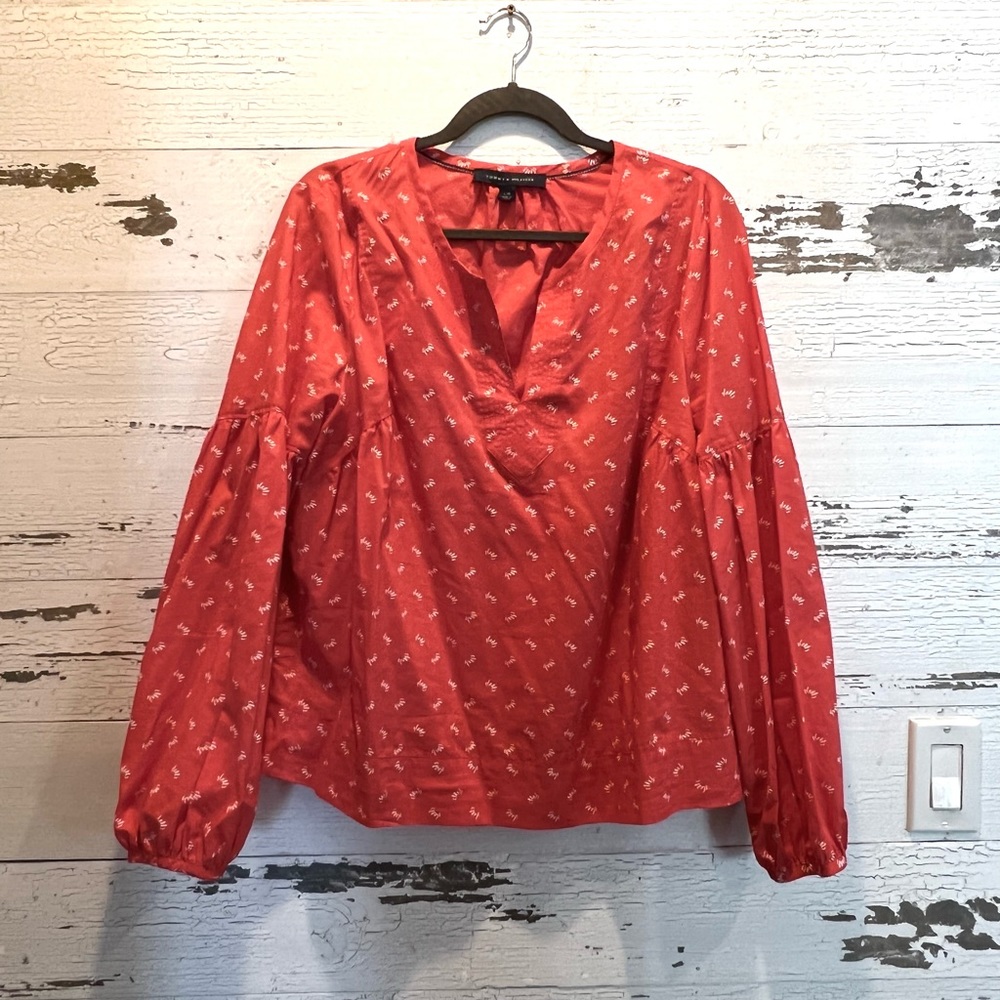 Tommy Hilfiger Cotton Blouse-Coral with white daisies Size L-Perfect for Spring